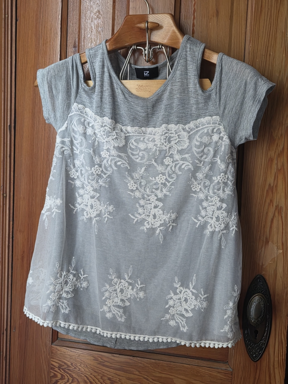 Iz Byer Grey Tee with White Floral Lace Overlay